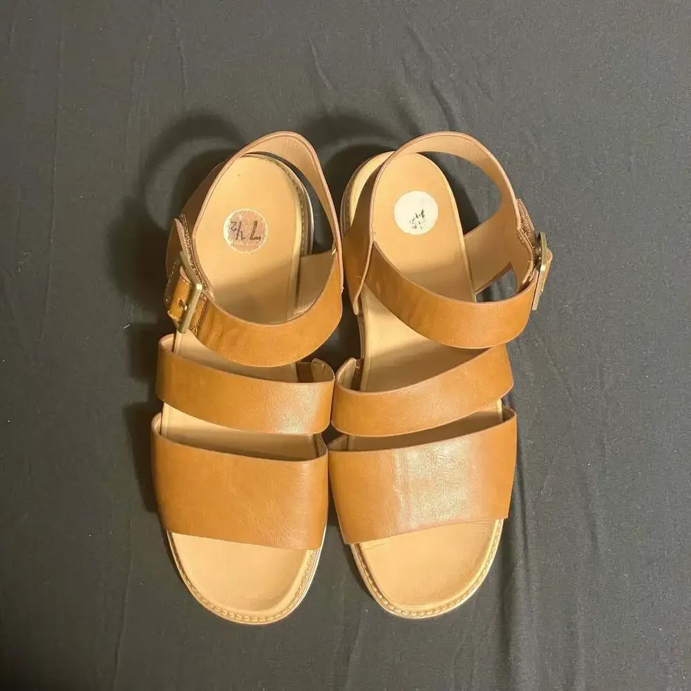 Brown Leather Triple Strap Platform Sandals with Buckle